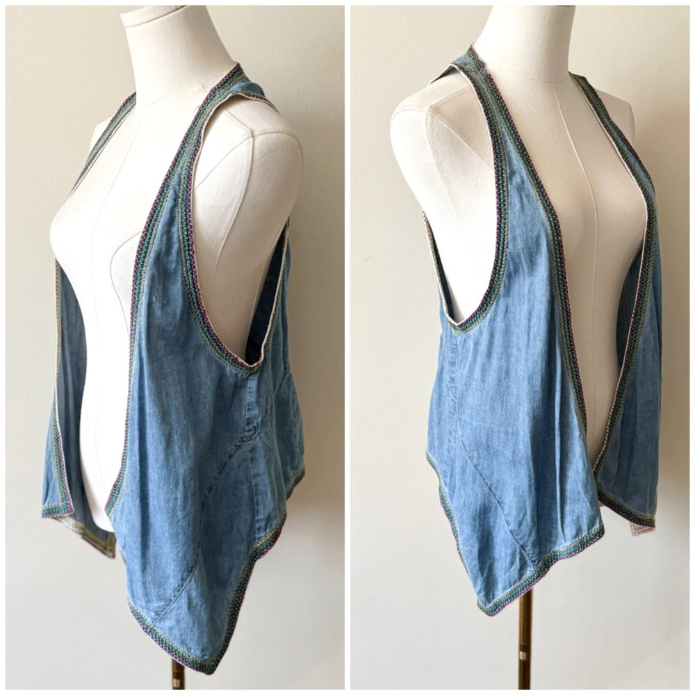 Y2K Ropé Picnic‎ Osaka Japan Boho Embroidered Long Line Open Front Denim Vest